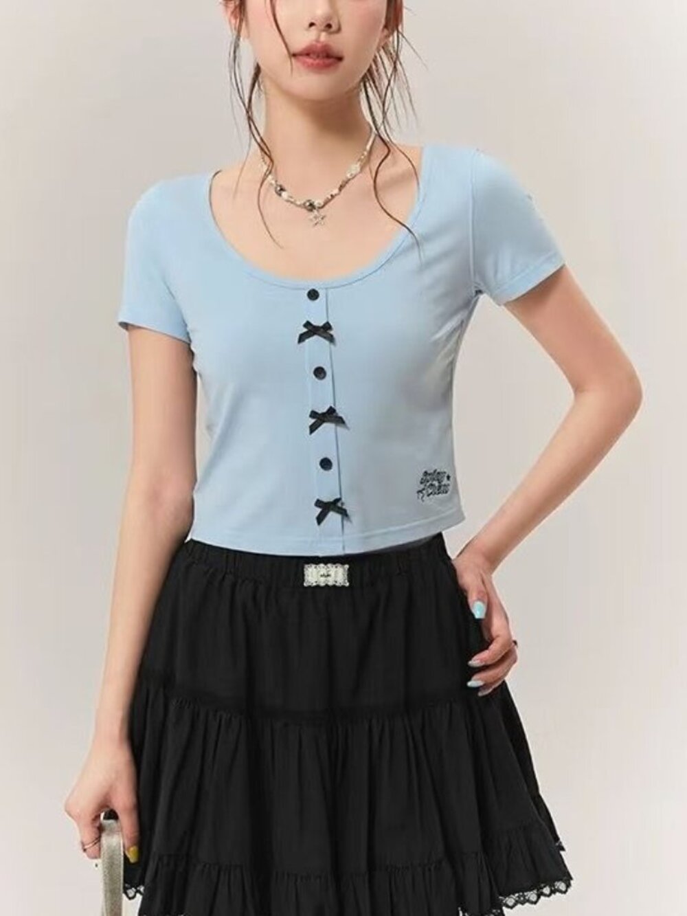CHUU Coquette Bow Button Crop Top Baby Blue Y2K Size S